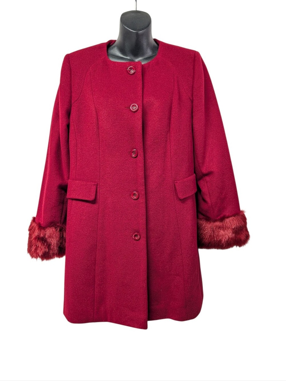 Midnight Velvet Women's Red Button Front Faux Fur Trim Lined Mid-Length Coat M